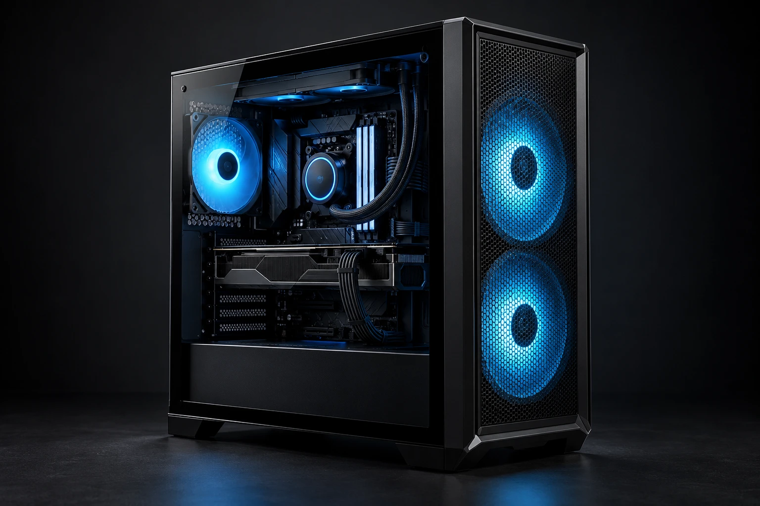 Illustratieve CORE gaming pc met zwarte behuizing en blauwe verlichting
